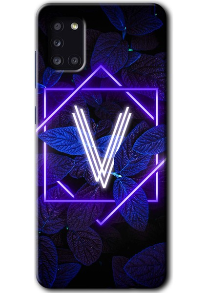 Samsung Galaxy A31 Kılıf Hd Desen Baskılı Arka Kapak + Temperli Cam - Dark Neon Yaprak V Harfi