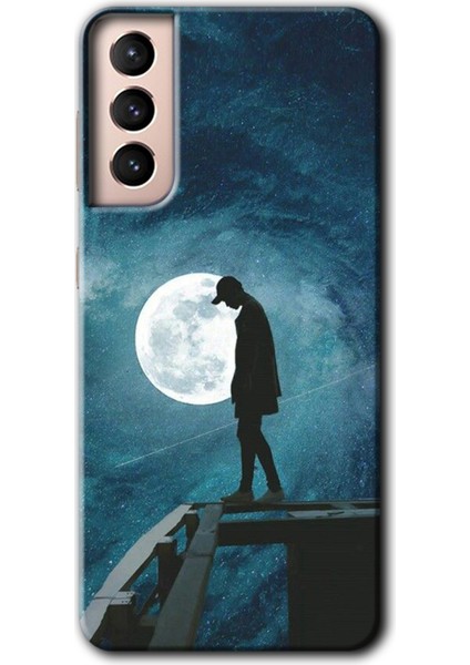Samsung Galaxy S21 Kılıf Hd Desen Baskılı Arka Kapak + Temperli Cam - Dolunay Yalnızlık