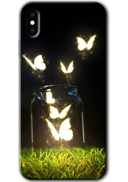 iPhone Xs Max Kılıf Hd Desen Baskılı Arka Kapak + Temperli Cam - Işıklı Kelebekler