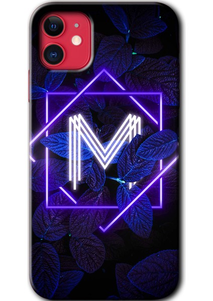 iPhone 11 Kılıf Hd Desen Baskılı Arka Kapak + Temperli Cam - Dark Neon Yaprak M Harfi