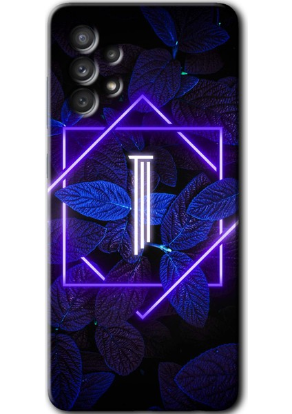 Samsung Galaxy A52S Kılıf Hd Desen Baskılı Arka Kapak + Temperli Cam - Dark Neon Yaprak I Harfi