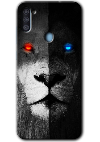 Samsung Galaxy M11 Kılıf Hd Desen Baskılı Arka Kapak + Temperli Cam - Fire And Ice Lion