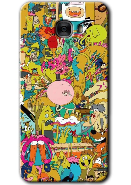 Samsung Galaxy C7 Pro Kılıf Hd Desen Baskılı Arka Kapak + Temperli Cam - Süper Çizgi Kahramanlar 2