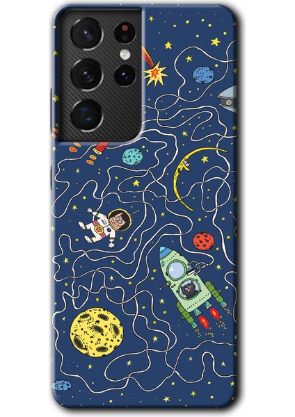 Samsung Galaxy S21 Ultra Kılıf Hd Desen Baskılı Arka Kapak + Temperli Cam - Kedi Galaksi