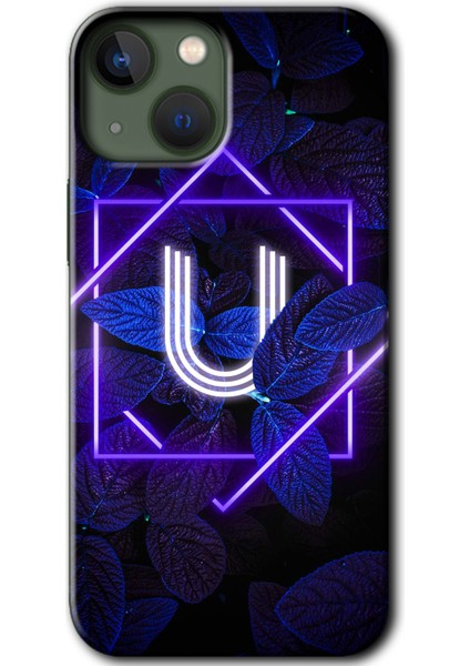 iPhone 13 Kılıf Hd Desen Baskılı Arka Kapak + Temperli Cam - Dark Neon Yaprak U Harfi