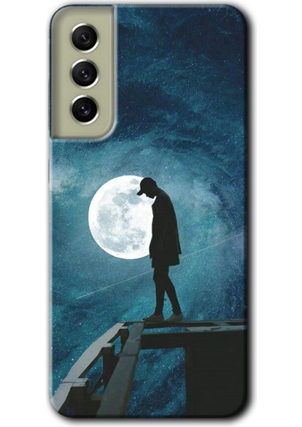 Samsung Galaxy S21 Fe Kılıf Hd Desen Baskılı Arka Kapak + Temperli Cam - Dolunay Yalnızlık