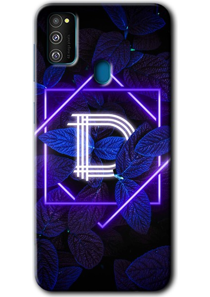 Samsung Galaxy M30S Kılıf Hd Desen Baskılı Arka Kapak + Temperli Cam - Dark Neon Yaprak D Harfi