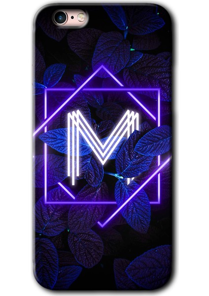 iPhone 6 Plus Kılıf Hd Desen Baskılı Arka Kapak + Temperli Cam - Dark Neon Yaprak M Harfi