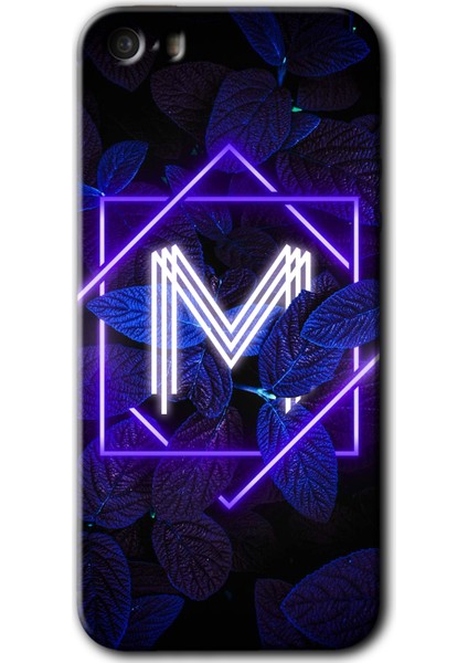 Oto-OnayiPhone 5s Kılıf Hd Desen Baskılı Arka Kapak + Temperli Cam - Dark Neon Yaprak M Harfi