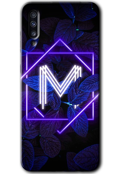 Samsung Galaxy A70 Kılıf Hd Desen Baskılı Arka Kapak + Temperli Cam - Dark Neon Yaprak M Harfi