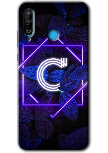 Huawei P30 Lite Kılıf Hd Desen Baskılı Arka Kapak + Temperli Cam - Dark Neon Yaprak C Harfi
