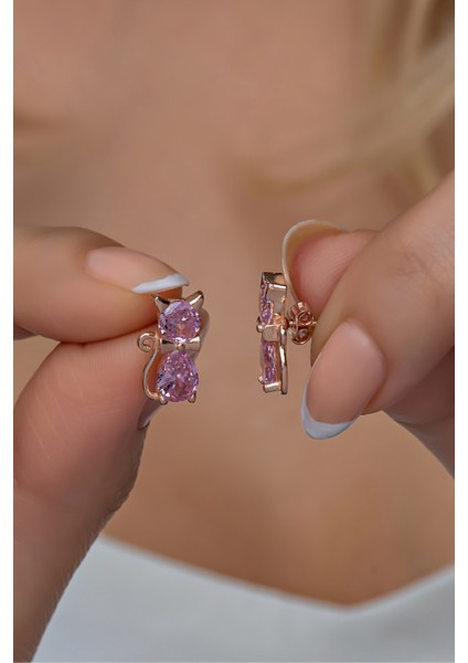 925 Ayar Gümüş Rose Pembe Taşlı Kedi Küpe