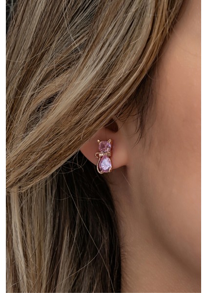 925 Ayar Gümüş Rose Pembe Taşlı Kedi Küpe modelleri