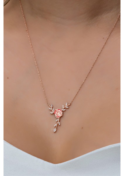 925 Ayar Gümüş Daldaki Kırmızı Gül Kolye fiyatları