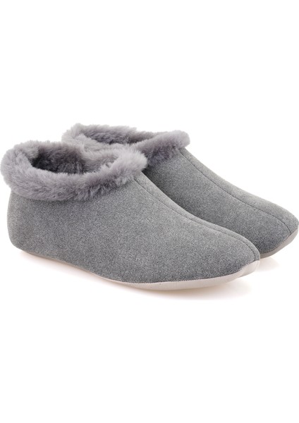 Gri Kadın Fluffy Yünlü Patik