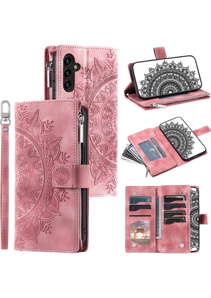 Samsung Galaxy A54 Için 5g Pu Deri Mandala Çiçeği Baskılı Çanta Fermuarı Cep Kılıfı Stand Çok Kart Yuvası Strap ile Flip Kapak (Yurt Dışından)