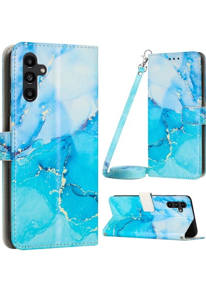 Samsung Galaxy A34 5g Mermer Desen Telefon Kapağı Standı Cüzdan Deri Kılıf Omuz Kayış Mavisi/yeşil (Yurt Dışından)