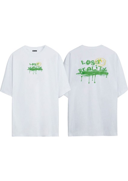 Lost Realitx Baskılı Oversize Beyaz Tshirt