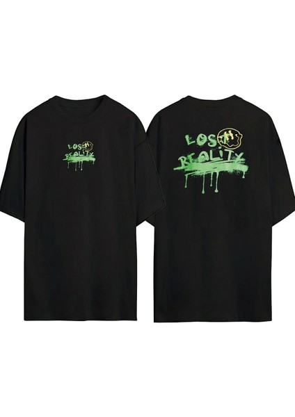 Lost Realitx Baskılı Oversize Siyah Tshirt