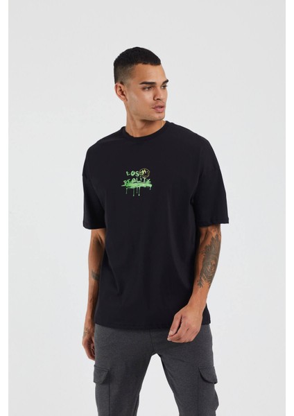 Lost Realitx Baskılı Oversize Siyah Tshirt modelleri
