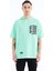 Su Yeşili Kapüşonlu Baskılı Kanguru Cepli Oversize Erkek T-shirt - 88196 1