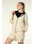 Kadın Kapüşonlu Fermuarlı Oversize Kalıp Sweatshirt Bej 1