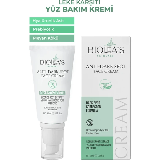 Biolea's Skincare Leke Karşıtı,aydınlatıcı Yüz Bakım Kremi Meyan Kökü+Prebiyotik + Hyalüronik Asit 50 ml