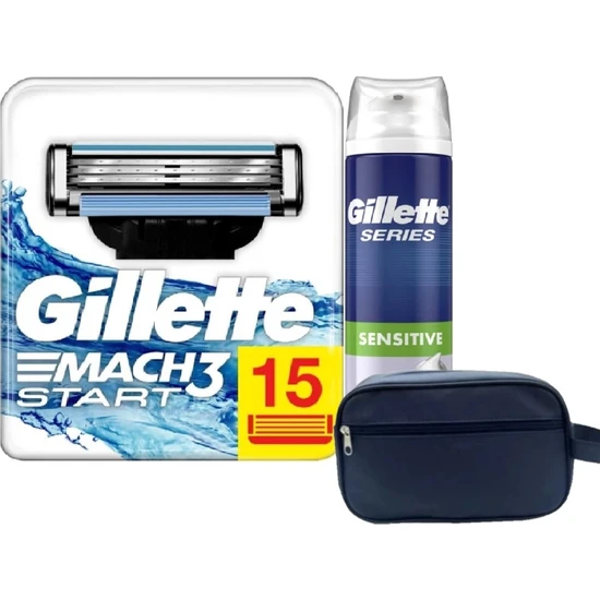 Gillette Mach3 Start 15 Adet Yedek Tıraş Bıçağı + Gillette 250 ml Köpük + Çanta