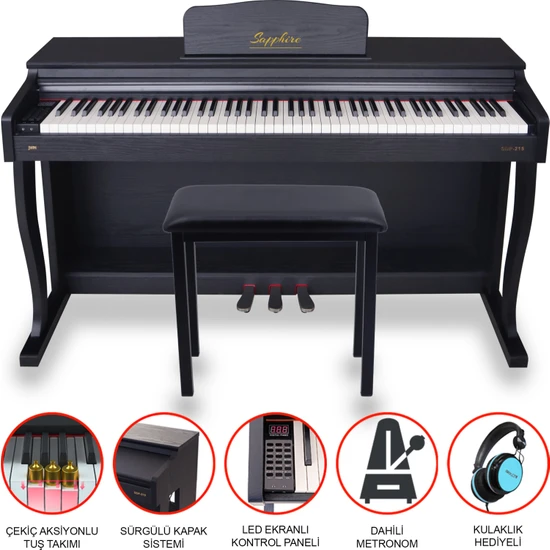 Jwin Sapphire SDP-215B Çekiç Aksiyonlu Dijital Piyano - Siyah (Tabure ve Kulaklık Hediyeli)