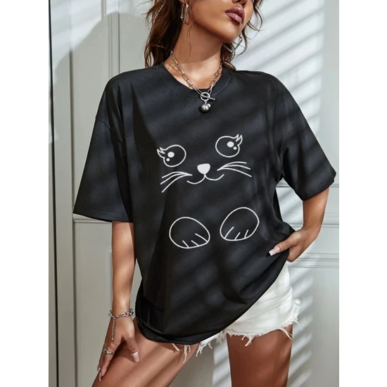 Ay New Moda Şirin Kedi Baskılı T-Shirt