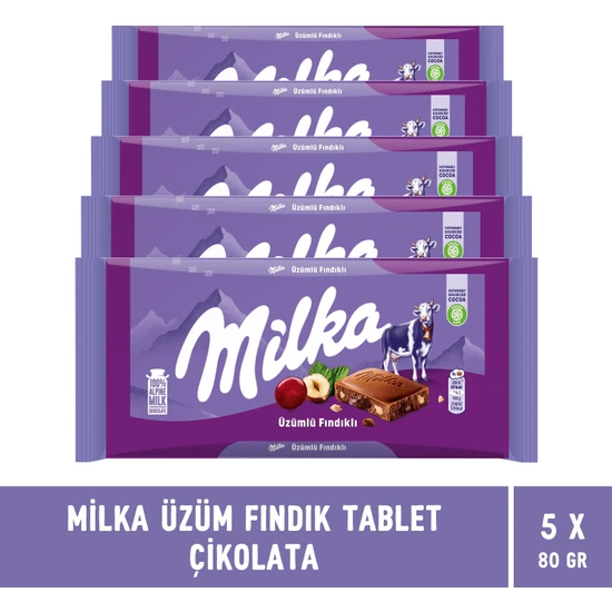 Milka Üzüm Fındık Tablet Çikolata 80 gr - 5 Adet