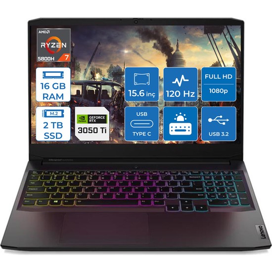 Lenovo IdeaPad 3 AMD Ryzen 7 5800H 16GB 2TB SSD 4GB RTX3050Ti Freedos 15.6'' FHD Taşınabilir Bilgisayar 82K2023DTX007