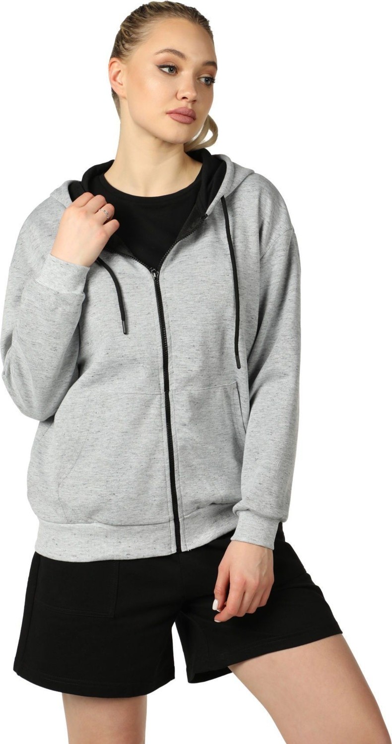 Defy's Alya Kadın %100 Pamuk 2 İplik Şardonsuz Oversize Kapüşonlu Fermuarlı Siyah Sweatshirt