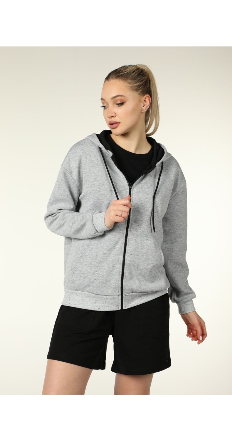 Defy's Alya Kadın %100 Pamuk 2 İplik Şardonsuz Oversize Kapüşonlu Fermuarlı Siyah Sweatshirt görsel 2