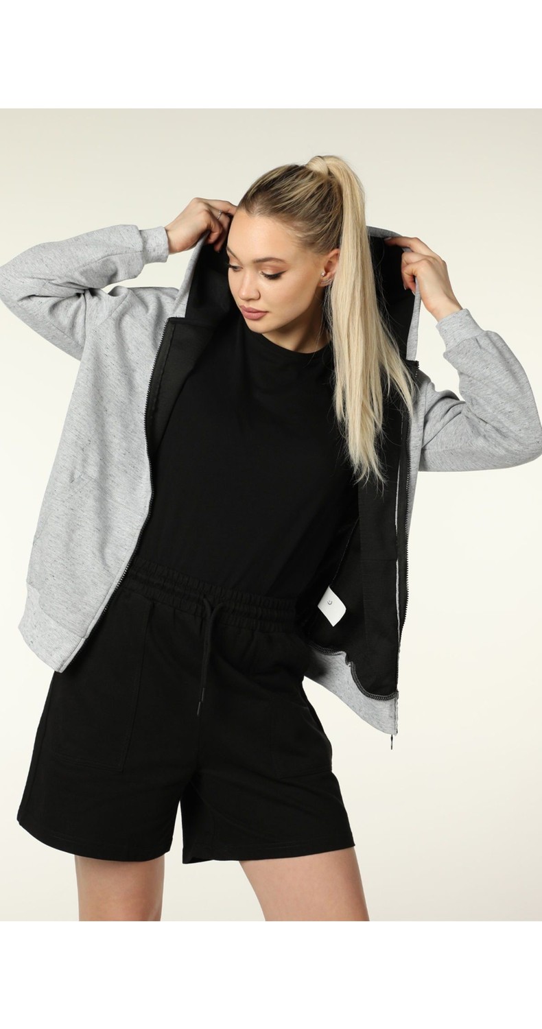 Defy's Alya Kadın %100 Pamuk 2 İplik Şardonsuz Oversize Kapüşonlu Fermuarlı Siyah Sweatshirt görsel 3