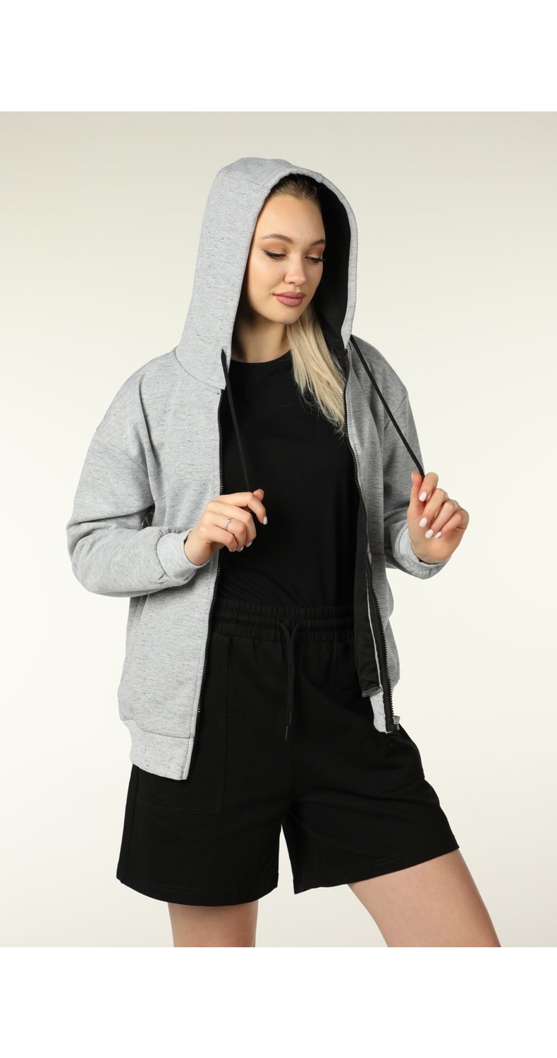 Defy's Alya Kadın %100 Pamuk 2 İplik Şardonsuz Oversize Kapüşonlu Fermuarlı Siyah Sweatshirt görsel 4