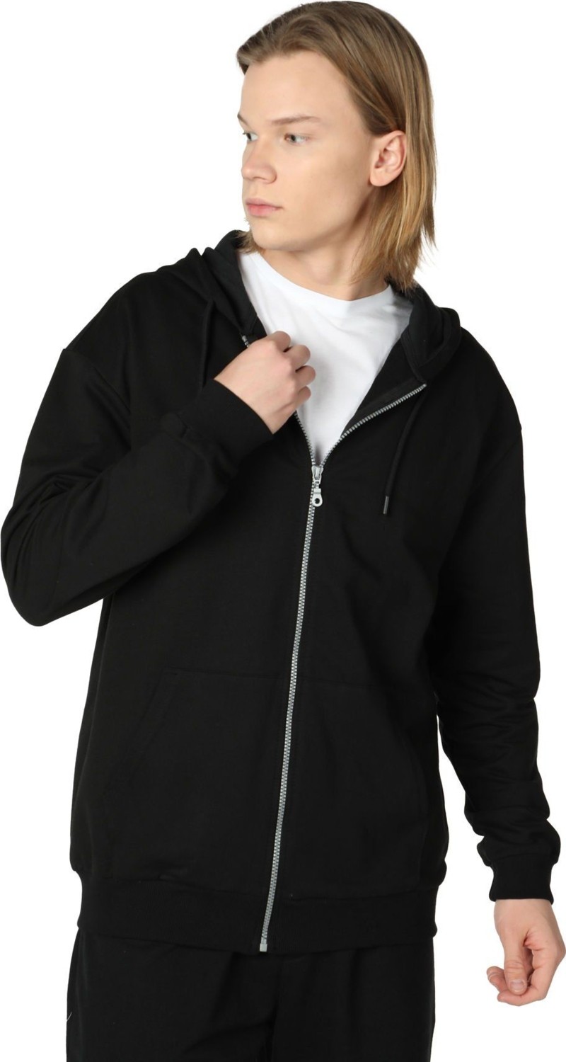 Defy's Arda Erkek %100 Pamuk 2 İplik Şardonsuz Oversize Kapüşonlu Fermuarlı Siyah Sweatshirt