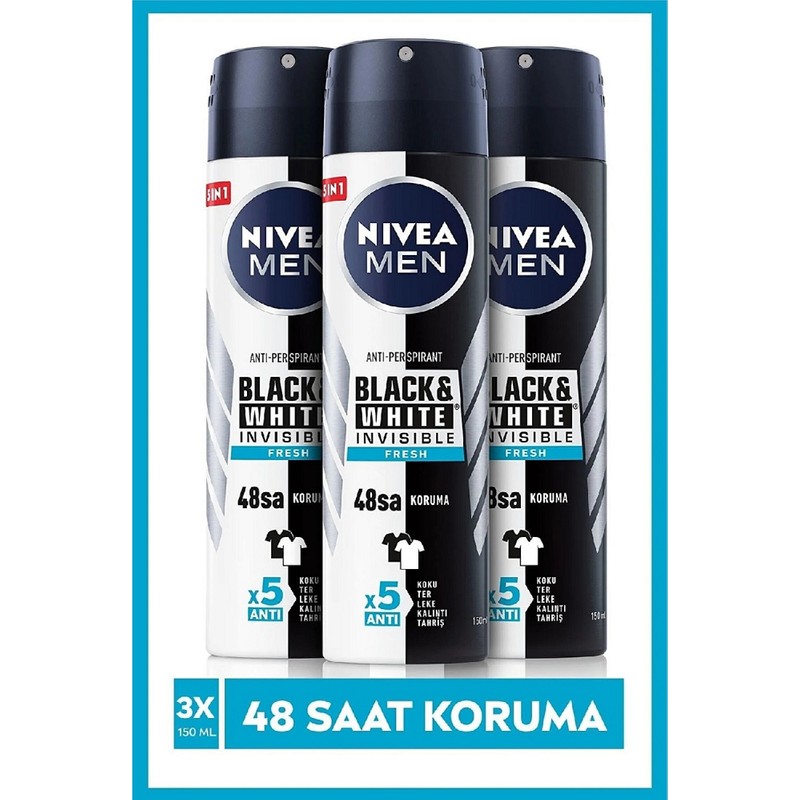 Nivea Men Erkek Sprey Deodorant Invisible Black&White Fresh 150 ml x3 Adet,48 Saat Anti-perspirant Koruma