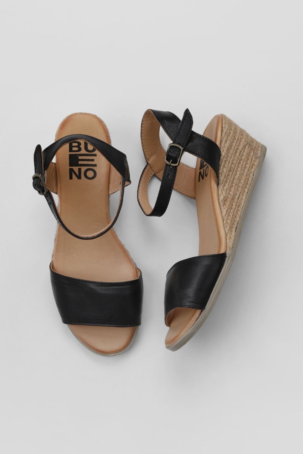 Bueno Shoes Siyah Deri Kadın Dolgu Topuklu Espadril Sandalet 01WS11101
