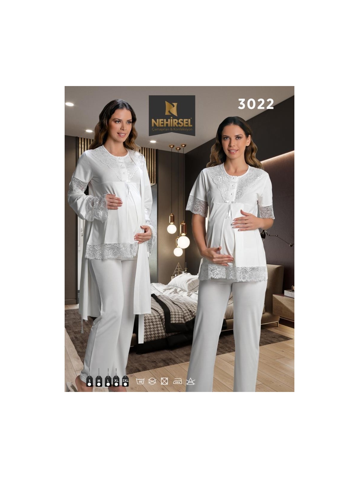 Nehir Nehirsel 3022 Ecru Hamile Lohusa 3 Lü Pijama Sabahlık Tk - Görsel 4