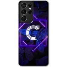 MRC İletişim Samsung Galaxy S21 Ultra Kılıf Hd Desen Baskılı Arka Kapak + Temperli Cam - Dark Neon Yaprak C Harfi