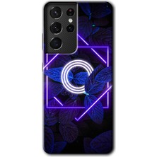 MRC İletişim Samsung Galaxy S21 Ultra Kılıf Hd Desen Baskılı Arka Kapak + Temperli Cam - Dark Neon Yaprak O Harfi