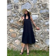 Lieta Boutique %100 Keten Kadın Siyah Renk Elbise / Cepli / Doğa Dostu Sürdürülebilir Karışımsız Ham Keten Kumaş
