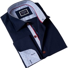 Exve Exclusive Lacivert Yaka Içi Detaylı Fransız Duble Manşet Kol Düğmeli Hediye Karton Kutulu Gömlek