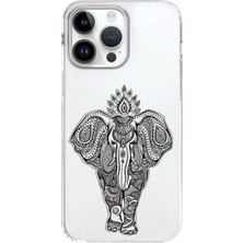Printify Apple iPhone 14 Pro Uyumlu Kapak Mandala Fil (Siyah) Tasarımlı Şeffaf Silikon Kılıf
