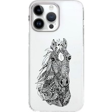 Printify Apple iPhone 14 Pro Uyumlu Kapak Mandala At (Siyah) Tasarımlı Şeffaf Silikon Kılıf