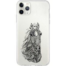 Printify Apple iPhone 11 Pro Uyumlu Kapak Mandala At (Siyah) Tasarımlı Şeffaf Silikon Kılıf