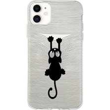 Printify Apple iPhone 11 Uyumlu Kapak Çizgi Kedi (Siyah) Tasarımlı Şeffaf Silikon Kılıf