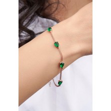 TMT Silver Gümüş Rose Yeşil Zirkon Taşlı Damla Model Gurmet Zincirli Bileklik