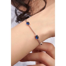 TMT Silver Gümüş Rose Oval Mavi Zirkon Taşlı Gurmet Zincirli Bileklik